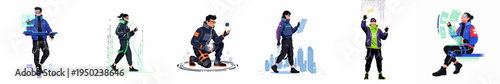 Set of futuristic characters in cyber technology and virtual reality environments, illustrating concepts of coding, hacking, data analysis, and digital transformation.