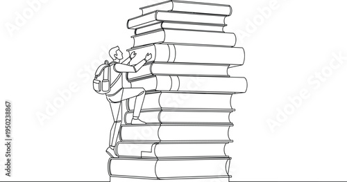 Man climbing stack of books with backpack on