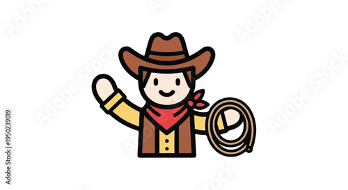 Cartoon cowboy waving lasso and hat isolated on white background