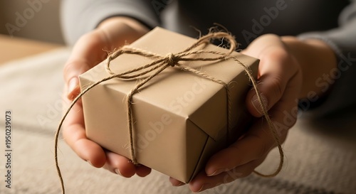 Person offers simple package wrapped in natural twine string with bow