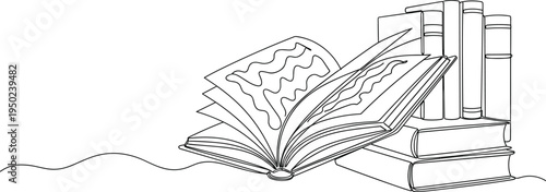 Stack of books with one open book on white background line reading