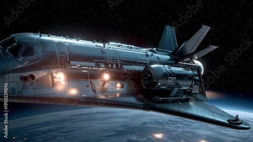 Wallpaper Mural Space exploration commercial ventures. Space innovation. Orbital infrastructure. Aerospace economy. Space shuttle orbiting Earth with city lights visible on the surface Torontodigital.ca