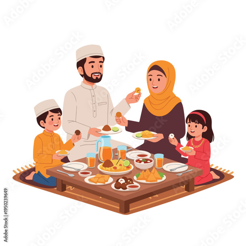 Muslim family sharing meal on traditional mat at home