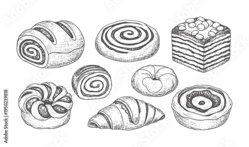 Hand drawn assortment of sweet pastries and baked goods pastry bread croissant