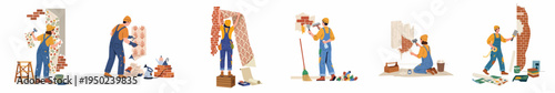 Set of flat vector illustrations showing professional male and female workers in overalls stripping old wallpaper and preparing brick walls for renovation.
