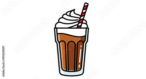 Cartoon illustration of chocolate milkshake with whipped cream and straw