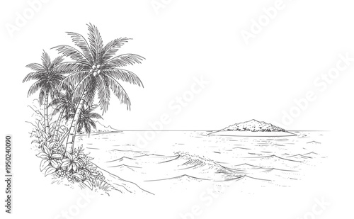Tropical island scene with palm trees and ocean waves