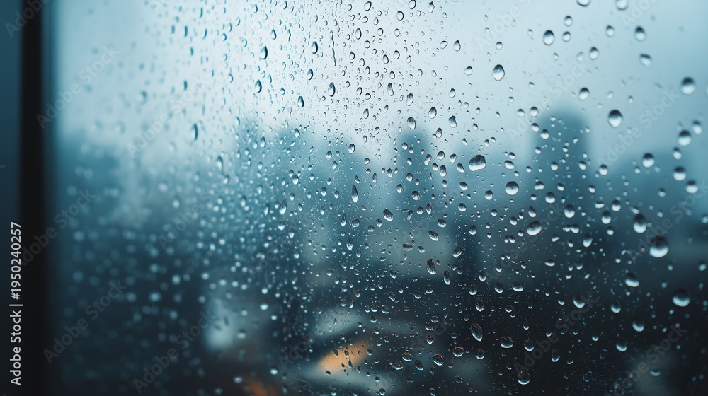 Obraz premium 雨水がついた窓から見える都会の風景