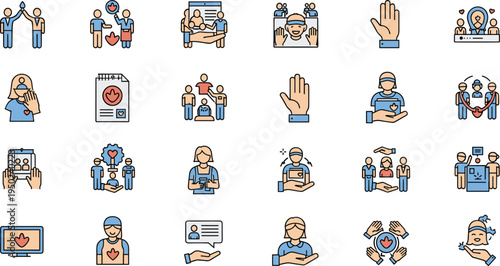 Healthcare and Support Icons Set Featuring Medical Care, Patients, Healthcare Workers, and Heart Health for Wellness and Assistance