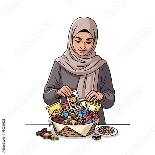 Woman in hijab enjoying snacks from a bowl at a table