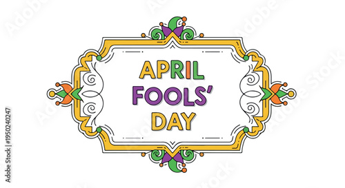 Colorful graphic illustration celebrating April Fools' Day with ornate design on white background.
