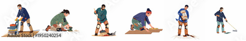 Professional construction workers performing various floor installation and renovation tasks, such as sanding, leveling, sweeping, and measuring, in a flat vector style.