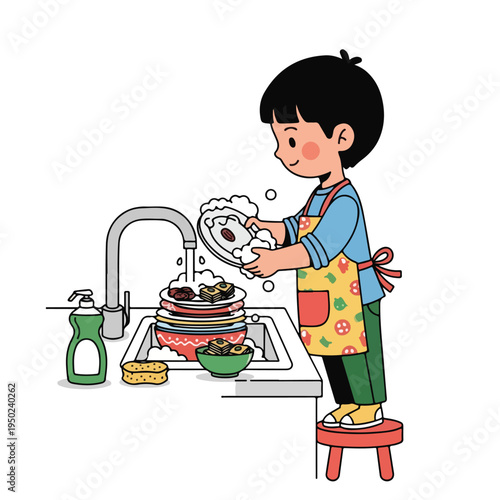 Child washing dishes at kitchen sink standing on stool
