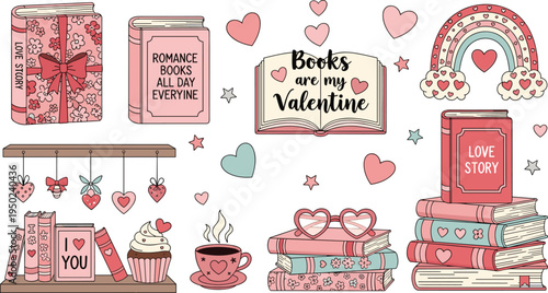 Valentine's day book themed stickers with hearts and sweets valentines day books romance