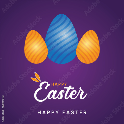 Happy Easter Greeting Card with Colorful Decorative Eggs Purple Background