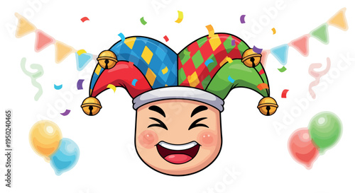 Cartoon jester's head with colorful party hat and confetti on white background with festive balloons and bunting.