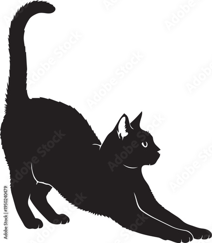Black silhouette cat stretching tail raised posture vector design animal feline minimal style
