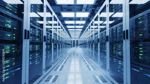 Modern data center server racks with blinking lights and cooling mist high tech network infrastructure computing environment