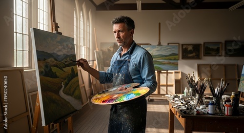 Artist thoughtfully paints a landscape on canvas in a sunlit studio with a palette of colors in his hand, surrounded by his works