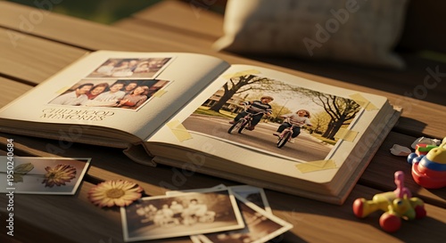 Capturing Cherished Memories An Open Photo Album Displayed on a Table with Family Pictures and Toys