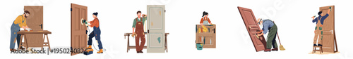 Collection of diverse workers refurbishing and repairing wooden doors through sanding, painting, and measuring in a professional workshop setting.