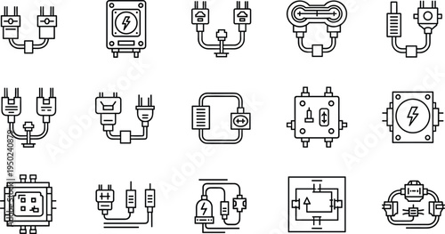 Electrical Plug and Socket Icons Set Featuring Various Plug Types, Connections, and Power Symbols for Electrical Wiring