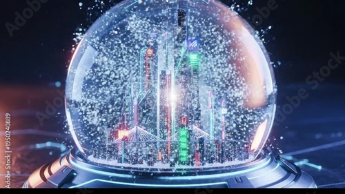 Futuristic Crystal Ball with Digital Cityscape and Glowing Circuits.