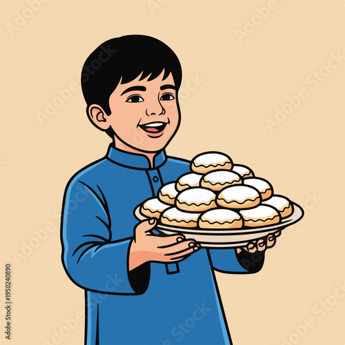 Happy boy in blue shirt holding a plate of donuts
