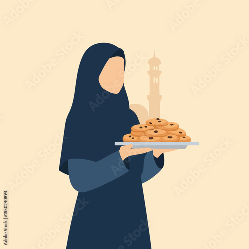 Woman in hijab holding plate of dates near mosque