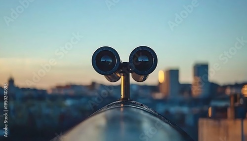 Binoculars on railing overlooking city skyline at sunset