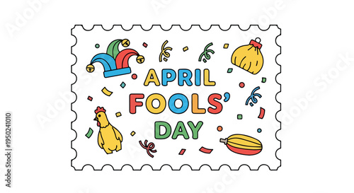 Colorful illustration of an April Fools' Day stamp with festive designs on a white background.