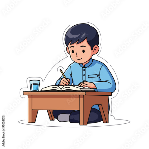 Young boy sitting at table studying with book and glass of water
