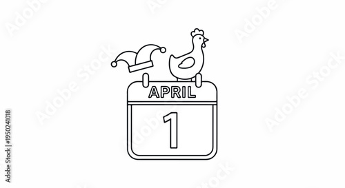 Line drawing of a calendar marking April 1st with a jester's hat and a rooster on top against a clean white background.