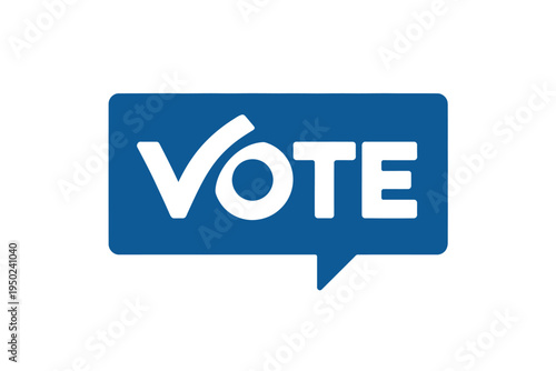 Blue speech bubble with white vote text and checkmark symbol