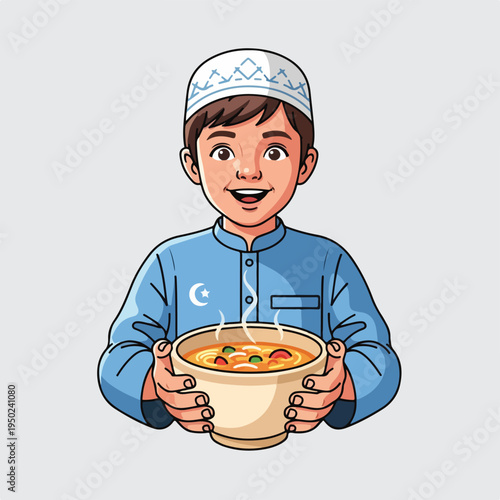 Young boy wearing traditional headwear holding a bowl of food