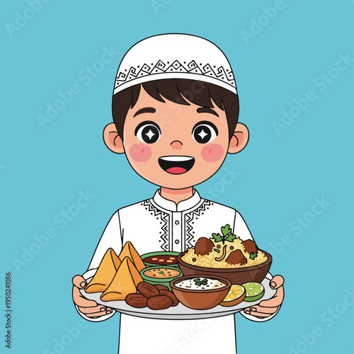 Happy Muslim boy holding plate of food for iftar on blue background