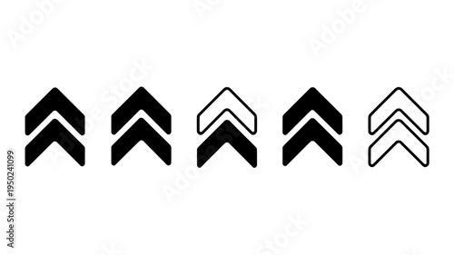 Five black and white chevron arrow icons in different styles and colors on white background