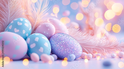 Colorful Easter eggs and feathers, creating a festive pastel atmosphere.
