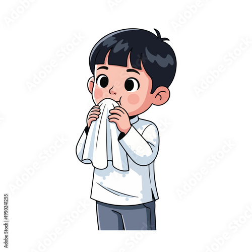 Caucasian boy blowing nose with tissue