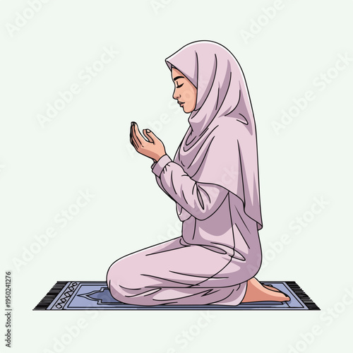 Muslim woman in hijab praying on prayer mat in serene and peaceful atmosphere