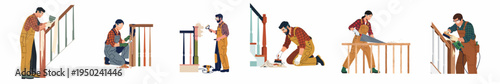 Illustrations of professional carpenters and handymen renovating, repairing, and restoring wooden stairs and railings with various tools on white background.