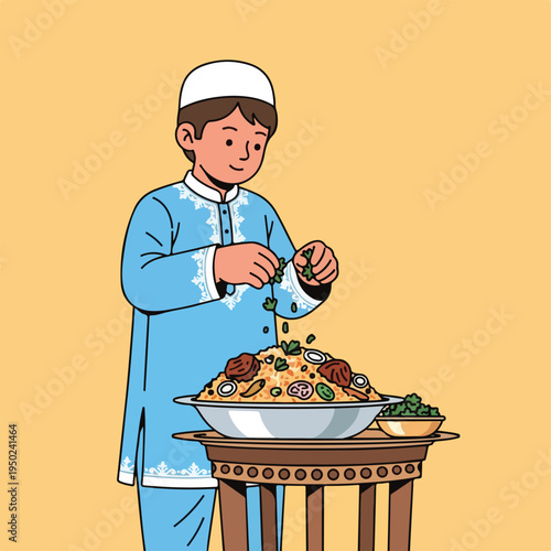 Young boy in traditional attire preparing a meal on a table