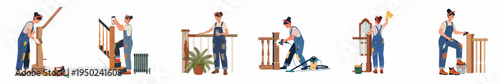 Handywoman performing home renovation and woodworking tasks like sanding, painting, and restoring furniture in a set of flat vector illustrations.