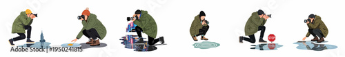 Set of diverse photographers in winter clothing capturing creative reflections in puddles, including cityscapes and nature, in a modern flat illustration style.