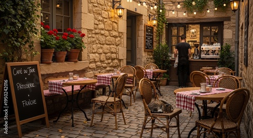 Charming European courtyard cafe at dusk with a sleepy cat on a chair, soft ambient lighting creating a cozy atmosphere