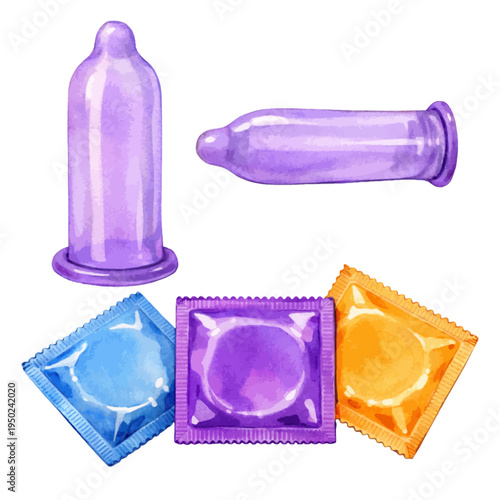 A watercolor collection of condoms in wrappers and latex condoms for sexual health education designs, contraception illustrations, and safe sex clipart.
