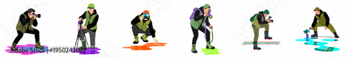 A set of six flat vector illustrations of professional photographers in various poses capturing creative reflection shots of colorful puddles with camera gear.