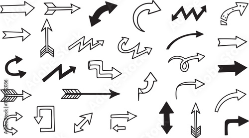 Black silhouette arrow icons bold filled curved zigzag loop vector design abstract minimal style