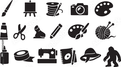 Art and craft supplies icon set with creative tools for drawing, painting, DIY projects, and design.