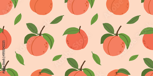 Seamless pattern with peaches and green leaves. Fresh fruit repeat design perfect for fabric prints, packaging, kitchen decor and seasonal summer graphics